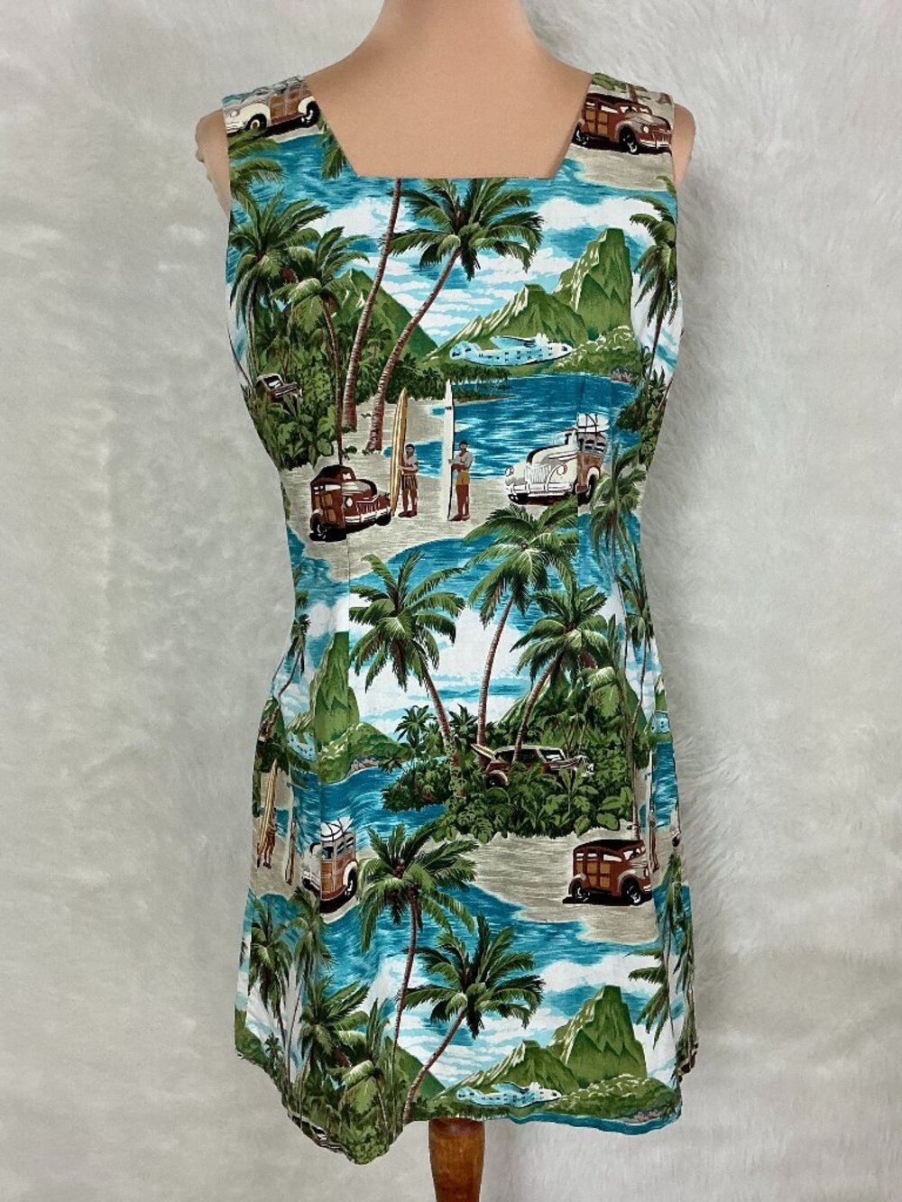 Vintage 90s Hawaiian Mountain Surfing Island Palm Tree Sheath Mini Dress L 12